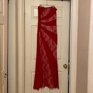 Red and Beige Strapless lace gown
